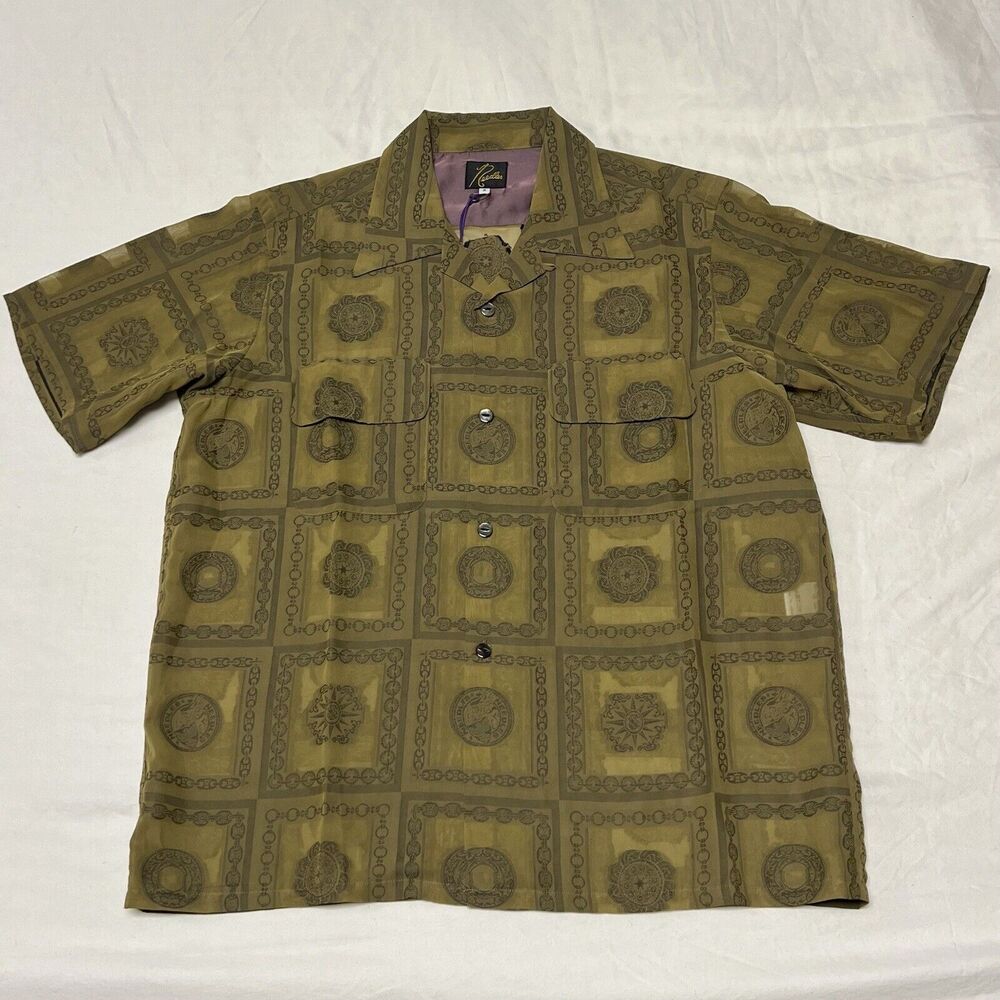 Needles Nepenthes Classic Camp Shirt Mens S Olive PE/R Chain Border Jacquard NWT